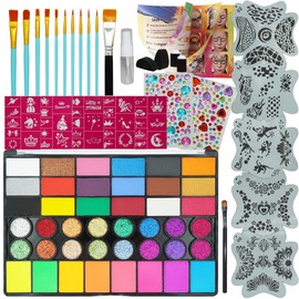 42Color Face Painting Kit for Kids - Non Toxic Water Activated Face Paint Set with Stencils, Brushes, Gems & Book. For Halloween, Carnival, Party; Costume Makeup (42 Color Face Painting Set)