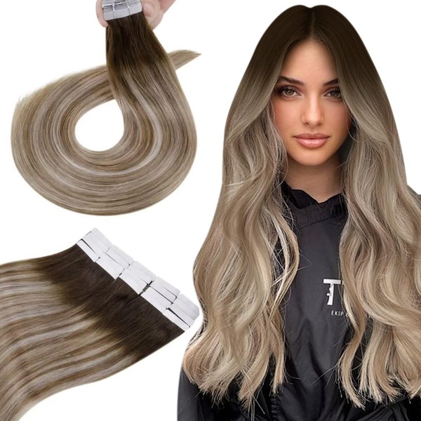 Hetto Remy Real Hair Tape-In Extensions, Balayage Dark Brown Mix of Ash Brown and Medium Blonde No. 3/8/22, 55 cm, 50 g