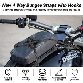 2 Pack Black Bungee Cords with Hooks, 4-Way Flat Bungee Cords with Rubber Pad Grip, Stable & Non-Slip Adjustable Bungee Cords Heavy Duty for Camping, Trucks, Motorbikes, Cycling, Yachts