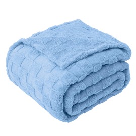LINENOVA Blue Suede Plaid Sherpa Throw Blanket - 300GSM Coral Fleece Blanket, Soft & Lightweight for All Seasons, Jacquard Decorative Blanket for Couch or Bed (127x152cm)