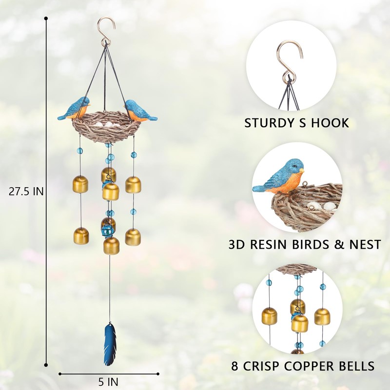 MUMTOP Wind Chime for Outside, Blue Bird Resin Wind Bells