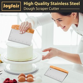 Joyfair 2Pcs Dough Scraper, Stainless Steel Dough Cutter with Wooden Handle, Bench Scraper/Pizza Cutter/Pastry Scraper with Measuring Marks for Baking Cooking, 15cm