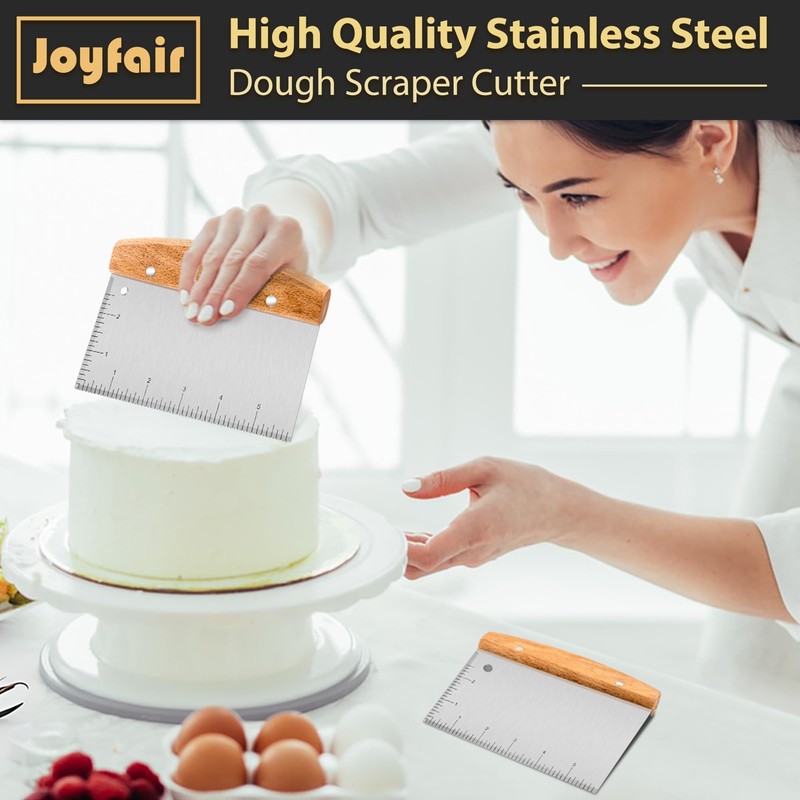 Joyfair 2Pcs Dough Scraper, Stainless Steel Dough Cutter with Wooden
