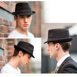 Men Warm Fedoras Felt Trilby Hat Vintage Panama Hat with Short Brim Winter Bowler British Jazz Costume Headwear Black