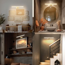 HOWMZON Picture Light, 16 inches Art Light, Picture Light Battery Operated,3CCT Picture Lights for Wall,Battery Operated Wall Lights,Gallery Light for Wall,Photo,Library (Plating Brass Gold)