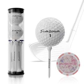 3-Layer Surlyn Golf Balls 2Pcs,3-1/4"(83mm) Plastic Golf Tees 15Pcs, Poker Chip Golf Ball Marker - Perfect Golf Gift Set for Men & Women, Complete Golf Accessories Kit (Balls*2 Tees*15 Pink Marker)