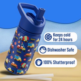 Klevly Stainless Steel 14 OZ Kids Water Bottle with Straw | BPA-Free Insulated Water Bottle with Leak-Proof Lid | Dinosaur Kids Water Bottle for School (Construction)