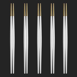 Chanjiso Creative Metal Chopsticks,5 Pairs 304 Stainless Steel Japanese Pointed Sushi Tableware Non Slip Chopsticks Gift… (Five white gold heads)