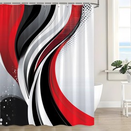 LAEDCIITI Red Black Grey Striped Shower Curtain Modern Geometric Abstract Boho Stripes Aesthetic Vintage Mid Century Farmhouse Fashion Minimalism Fabric Bathroom Curtain with Hook