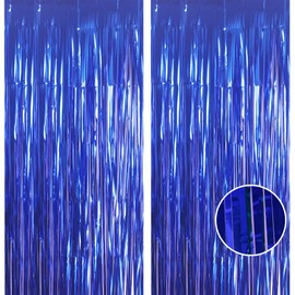 2pcs 3.2 x 8.3ft Glitter Blue Foil Fringe Curtain Backdrop Tinsel Curtain Party Streamers Curtain Backdrop Decorations for Birthday School Graduation Hen Boys Party Decorations Dark Blue