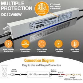 Duazaga | LED Driver 12Volt Power Supply 120V AC to 12V DC Converter 60W 5A Low Voltage Transformer IP67 Waterproof Power Adapter Transformador with 4.4ft Plug for Indoor Outdoor LED Lights