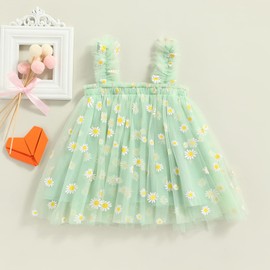 Toddler Kids Girls Princess Dress Daisy/Fruit Embroidery Sleeveless Sling Dress Summer Mesh Tulle Fluffy Dresses (Green Daisy, 6-12 Months)