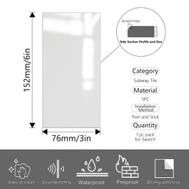 COLAMO Luxury 3"×6" Swatch Peel and Stick Backsplash,Glossy Pure White Backsplash for Kitchen Wall,Self Adhesive Faux Marble Tile, Stick on Accent Wall Brick Tile for Bedroom,RV,Laundry