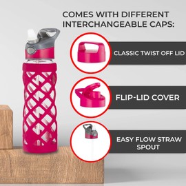 Swig Savvy Sports Leakproof Wide Mouth Glass Water Bottle with Straw and Silicone Sleeve, 25 Ounces, Pink