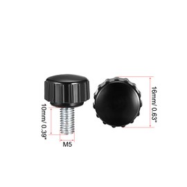 sourcing map 4pcs Knurled Clamping Knobs M5 x 10mm Metric Zinc Plated Carbon Steel Male Thread Thumb Screw on Type 16mm Plastic Round Head Threaded Hand Bolt Stud Knobs Black
