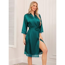 Sopesil Women's Dressing Gowns Satin Kimono Morning Robes Bridal Lightweight Lace Sleepwear Loungewear for Women Soft V-Neck, Dark green, XL