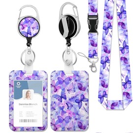 Blue Purple Butterfly Lavender ID Badge Holder Lanyard and Retractable Badge Reel Clip Name Card Vertical ID Protector,for Women Girl
