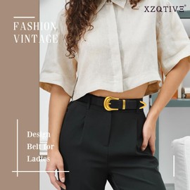 SANSTHS Women's Leather Belt Plus Size Ladies Western Belt Silver Gold Buckle Black Waist Belt for Jeans Pants Dresses, Black M