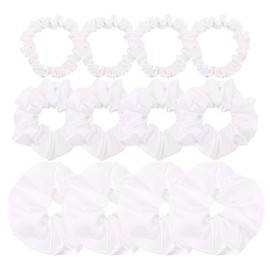 Pack of 12 Premium Satin Silk Scrunchies Hair Ties for All Hair Type Women Girls Ponytail Holder Elastic Hair Bands Scrunchy Accessories (Mix 3 Sizes White)