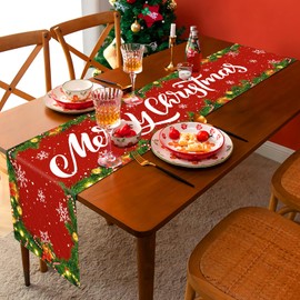 Christmas Table Runner 72 Inches Red Merry Christmas Long Floral Leaf Candy Burlap Table Runner Decorations for Xmas Holiday Kitchen Snowflakes Dining Table Runner Celebrate Home Party Decor