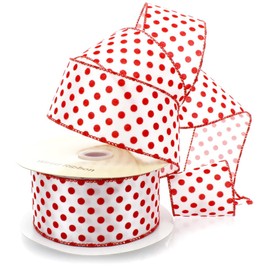 Ribbon Traditions White with Red Flocked Dots Wired Ribbon 2 1/2" by 10 Yards