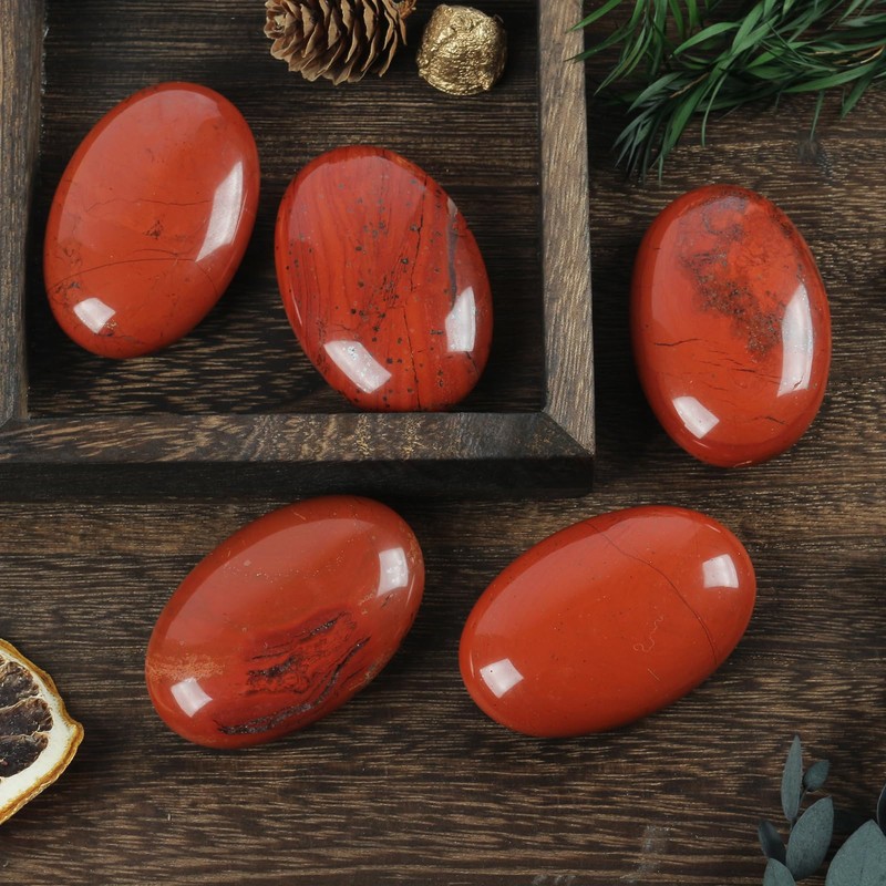 Lovionus89 Red Jasper Worry Stones, Natural Oval Palm Tree Bag,