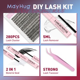 Mayhug Lash Extension Kit,DIY Individual Lashes Clusters,Bond And Seal,Lash Remover For Eyelashes Extensions,Lash Applicator Tool For False Eyelash Cluster 280Pcs At Home(40D|D-Mix9-16|set)