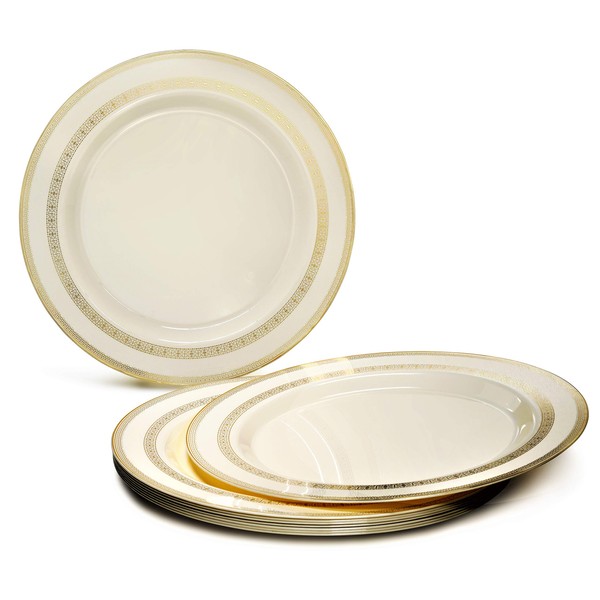 " OCCASIONS" 40 Plates Pack, Heavyweight Disposable Wedding Party Plastic Plates (10.5'' Dinner Plate, Lace Ivory & Gold)