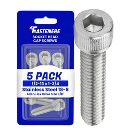1/2-13 x 1-3/4 Socket Head Cap Screws, Full Thread, Allen Socket Drive, Stainless Steel 18-8, Bright Finish, Quantity 5 Pieces by Fastenere