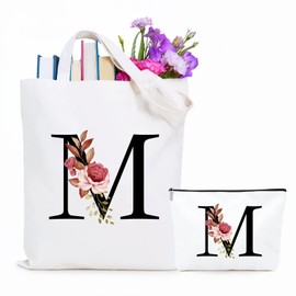 Jersries Leinentasche mit floralem Initialen-Motiv, Geschenke für Frauen, Schulter-Tragetaschen für Brautjungfern, Party, Lehrer, Geschenk, Einkaufstasche, beige, 40*35