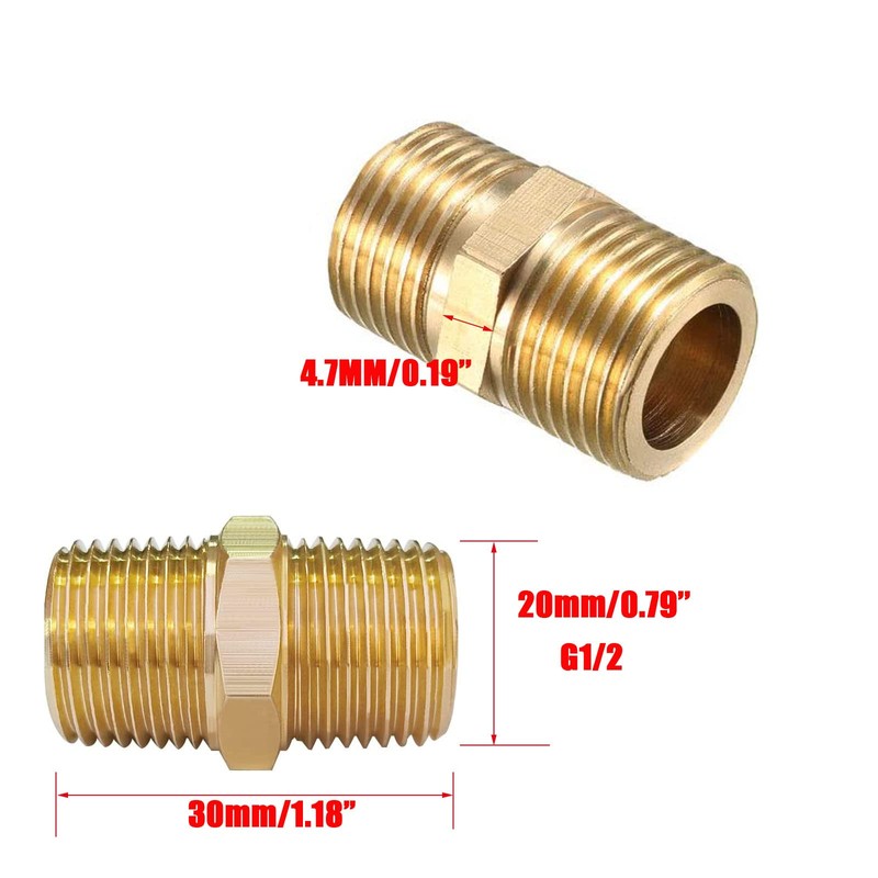 TOP-VIGOR 5Pcs Brass Pipe Fitting Hex Nipple, 1/2" x 1/2"