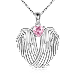 YAFEINI Wing Necklace, 925 Sterling Silver Guardian Angel Birthstone Necklace Wing Pendant Jewelry for Women Girls Gifts, Metal, Cubic Zirconia