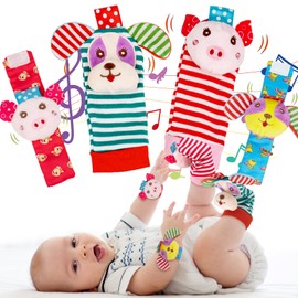 4 Piezas Sonajero Calcetines y Muñequeras, Sonajeros de Muñeca Animales Lindos, Juguete Sensorial con Sonaja, Sonajeros para Manos y Pies Sonido Estimulante Temprano y Colores Brillantes (D)