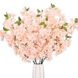 Sunm Boutique Champagne Faux Cherry Blossom Branches, Artificial Cherry Blossom Stems Cherry Blossom Flowers Vase Arrangements for Wedding Home Party Kitchen Decor, Set of 3