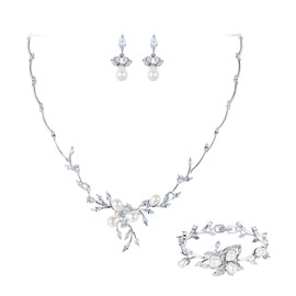 EVER FAITH Mujer Sets de Joyería Cristal Zirconia Cúbica Perla Simulada Boda Flor Filigrana Pulsera Collar Aretes Set para Mujer Claro Tono Plateado