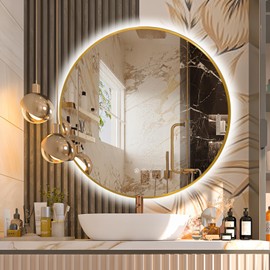 Niccy 30" Round LED Bathroom Backlit Mirror with Lights, Gold Frame Lighted Bathroom Vanity Mirrors for Wall Circle Mirror with Anti-Fog, Light Up Mirrors 3 Color ShatterProof
