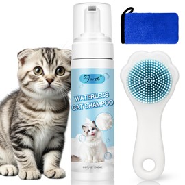 Pjordo Waterless Cat Shampoo with Brush and Cloth, 6.8 FL OZ Cat Shampoo and Conditioner, Cat Dry Shampoo, No Rinse Formula for Quick Clean, Care for Cats and Kittens with Itching & Sensitive Skin