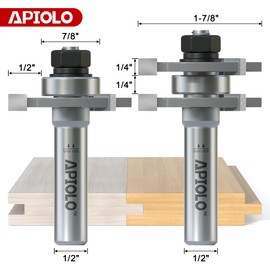 APIOLO Professional 2 PCS Tongue and Groove Router Bit Set 1/2 Inch Shank, 3 Teeth T Shape Wood Milling Cutter Woodworking Tools, for DIY Doors Tables Cabinets Shelves Furniture
