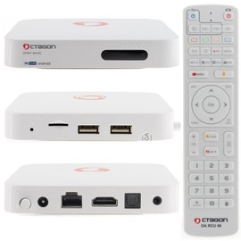 Octagon Spirit White 4K UHD Android TV Box, Dual Band WiFi WiFi, Bluetooth Remote Control, Voice Control, HDR10+, HLG, 2GB RAM & 32GB Flash, TV IP Receiver, Bluetooth 5.1, MeTV