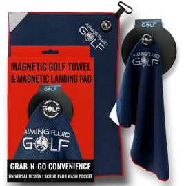 Magnetic Golf Towel & Magnetic Landing Pad – Premium Microfiber Waffle Weave I Scrub Pad I Wash Pocket I Golf Gift I Cart Carry and Tour Bag (Magnetic Landing Pad & Golf Towel 16" x 24" Blue)