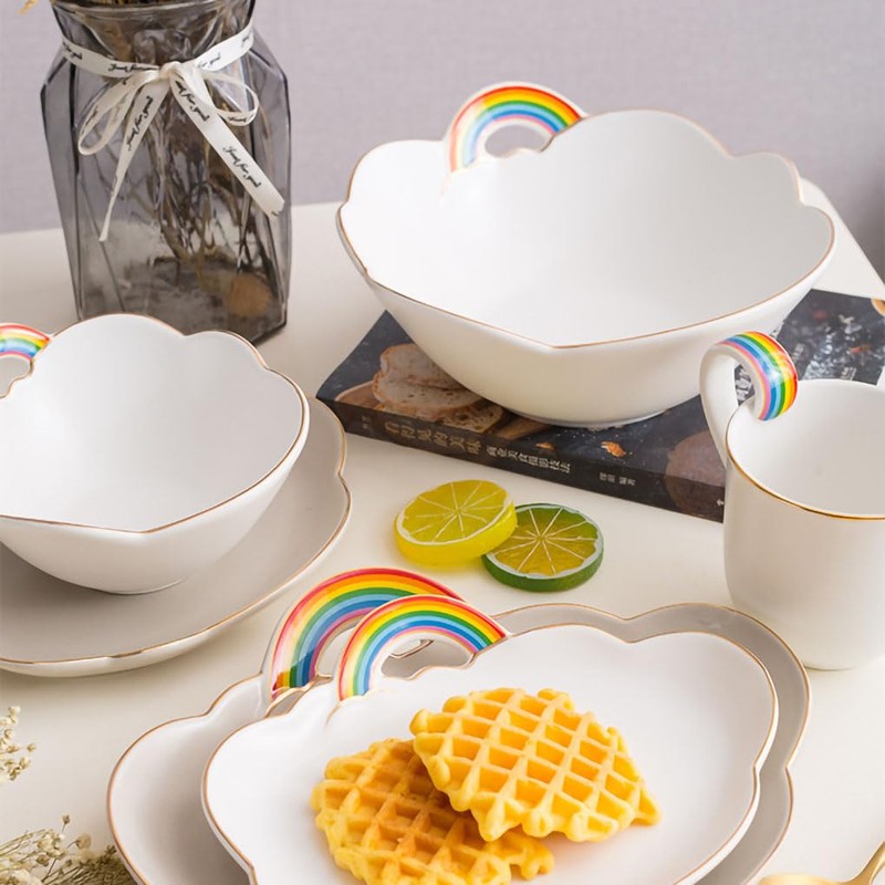 WAIT FLY Rainbow and Cloud Ceramic Salad Bowl, Dessert Bowls,