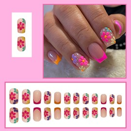 French Tip Press on Nails Short Square Fake Nails Nude Pink False with Flower Designs Acrylic Artificial Nails Full Cover Glue on Nails Stick on Nails for Women Girls