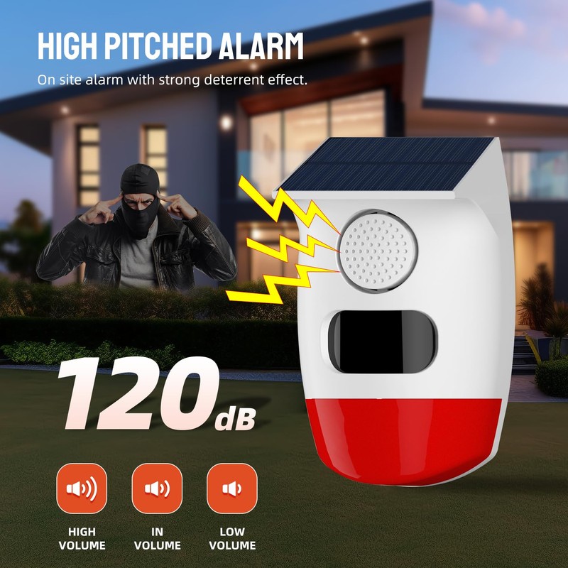 Solar Outdoor Motion Sensor Alarm, Waterproof Solar Strobe Siren Alarm