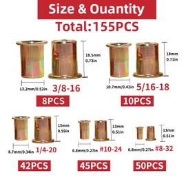 AIMUNOK 155PCS Rivet Nut Kit, Rivet Nuts Rivnuts 1/4-20#8-32#10-24 5/16-18 3/8-16, SAE UNC Rivnuts Nutserts Assortment Set