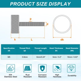 MECCANIXITY 4pcs M5 x 6mm Knurled Thumb Screws, 304 Stainless Steel Flat Head Thumb Screws Metric Diamond Knurled Head Bolts Grip Knobs Hand Tighten Thread Fasteners, 16mm Dia