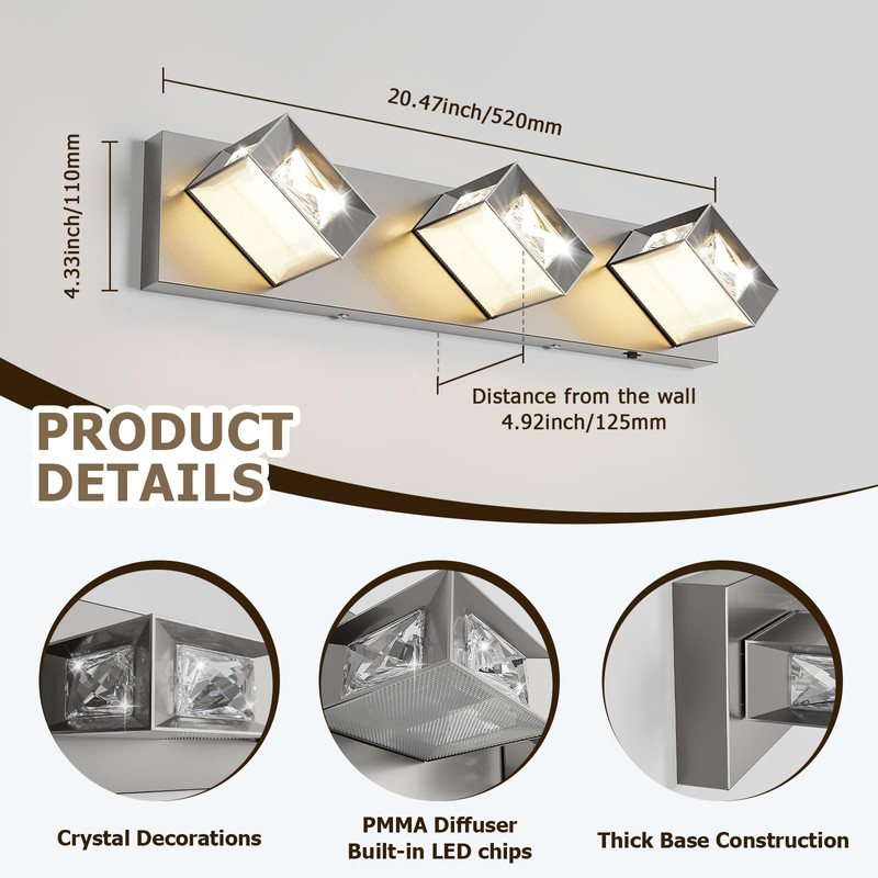Joossnwell Brushed Nickel Bathroom Vanity Light Crystal 5CCT Dimmable Bathroom