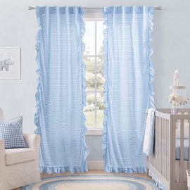 Light Blue Gingham Checkered Curtains, Cute Whimsical Ruffle Curtains for Nursery and Dorm, Pastel Baby Blue and White Preppy Cottage Shabby Chic Curtains for Girls Bedroom Playroom 84 Inch Long