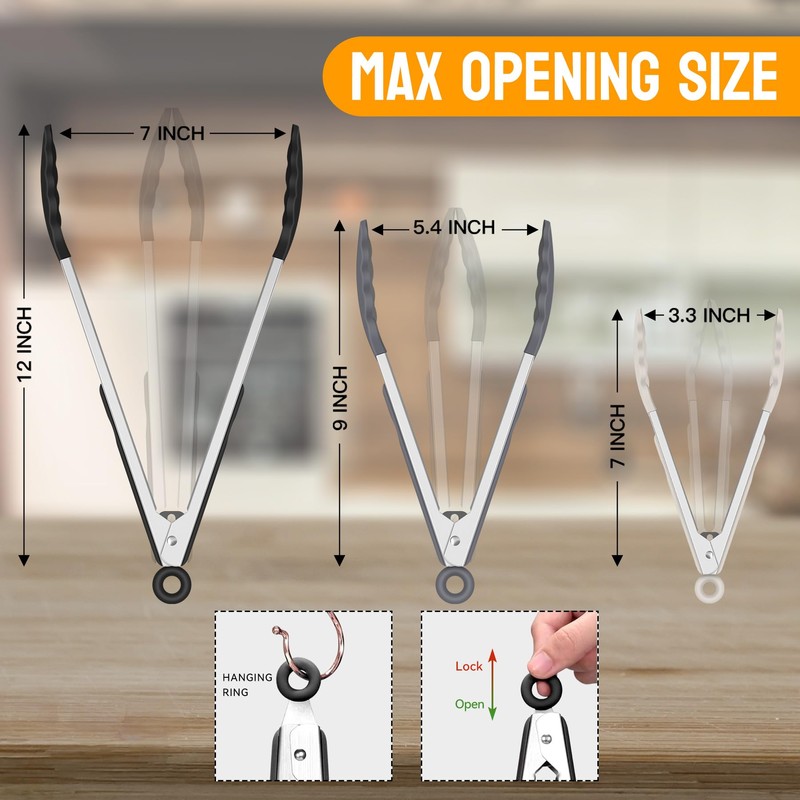 HOTEC Premium Stainless Steel Locking Kitchen Tongs with Silicon Tips,