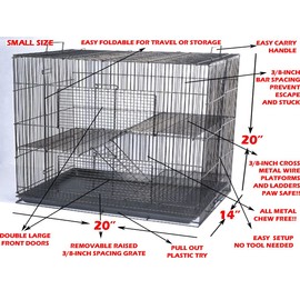 3-Levels Easy Portable Collapsible Ferret Chinchilla Sugar Glider Rats Mouse Animal Critter Chew-Proof Metal Carrier Travel Cage with Narrow 3/8-Inch Bar Spacing Easy to Clean No Tools Needed