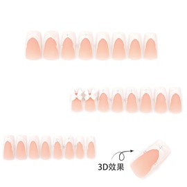Press on Nails Long Square Coffin French Tip Fake Nails with Nude White Bow Tie Design Full Cover Glossy Acrylic Glue on Nails False Nails Thick Stick on Nails for Women 24Pcs JP3890
